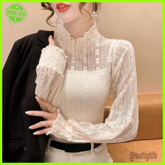 Sheer Lace Blouse Long Sleeve Mock Neck Floral Top Layering - Picture 5 of 7